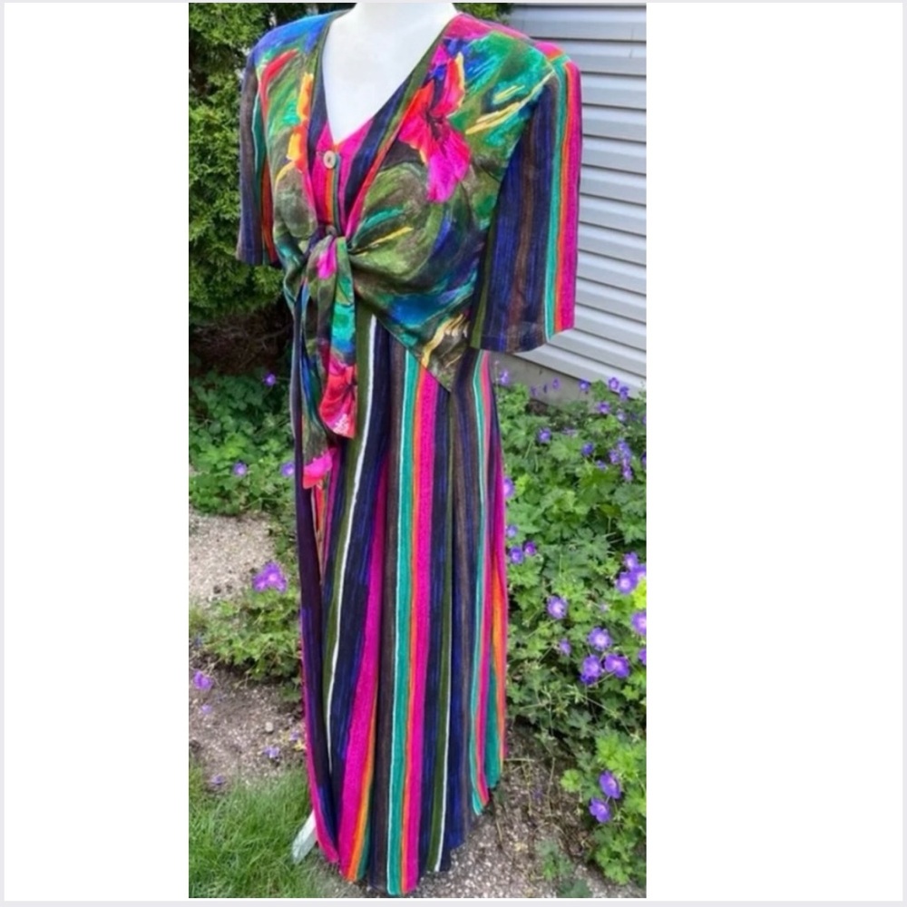 1990s Multicolor Striped Maxi Dress with Integrated Floral Bolero- Art to Wear